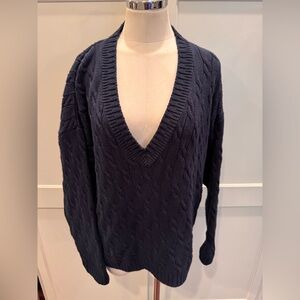 Vintage Navy V-Neck Cable Knit Sweater